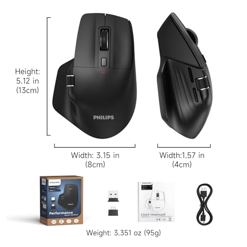 Image of PHILIPS Ergonomic Wireless Mouse, Multi-Device Bluetooth (USB-A /C) for Laptop & Mac /PC, Silent Productivity Mouse with Side Scroll, 5-Level DPI Rechargeable Computer Mouse, Right-Handed Comfort