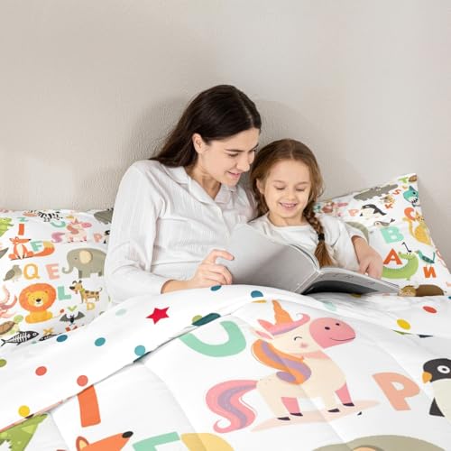 Image of Feelyou Kids Cartoon Wild Animals Bedding Set for Girls Boys Nursery Letter Comforter DecorWildlife Decor Comforter Set Nature Vibrant Colorful Duvet Set Twin Size Quilt Boys