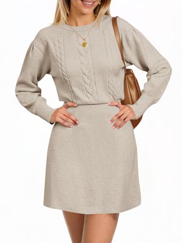 Saodimallsu Womens Fit and Flare Mini Sweater Dress Puff Long Sleeve Cable Knit Crewneck Dressy A Line Short Dresses