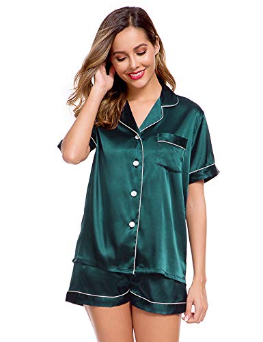 Image of LecGee Womens Silk Satin Pajamas Short Sleeve Loungewear Two-Piece Sleepwear Button-Down Pj Set