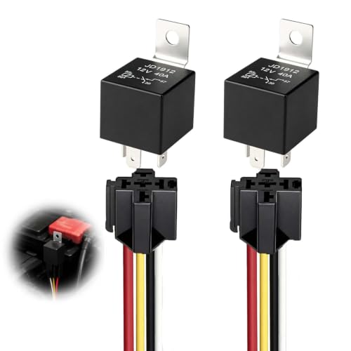 2 Piezas Relé Coche 12V 40A JD1912, Arnés Relé 4 Pines SPST con Zócalo 12 AWG, Relé Automotriz para Automóvil, Camión, Furgoneta, Motocicleta y Barco, Conmutación Segura para Accesorios Eléctricos
