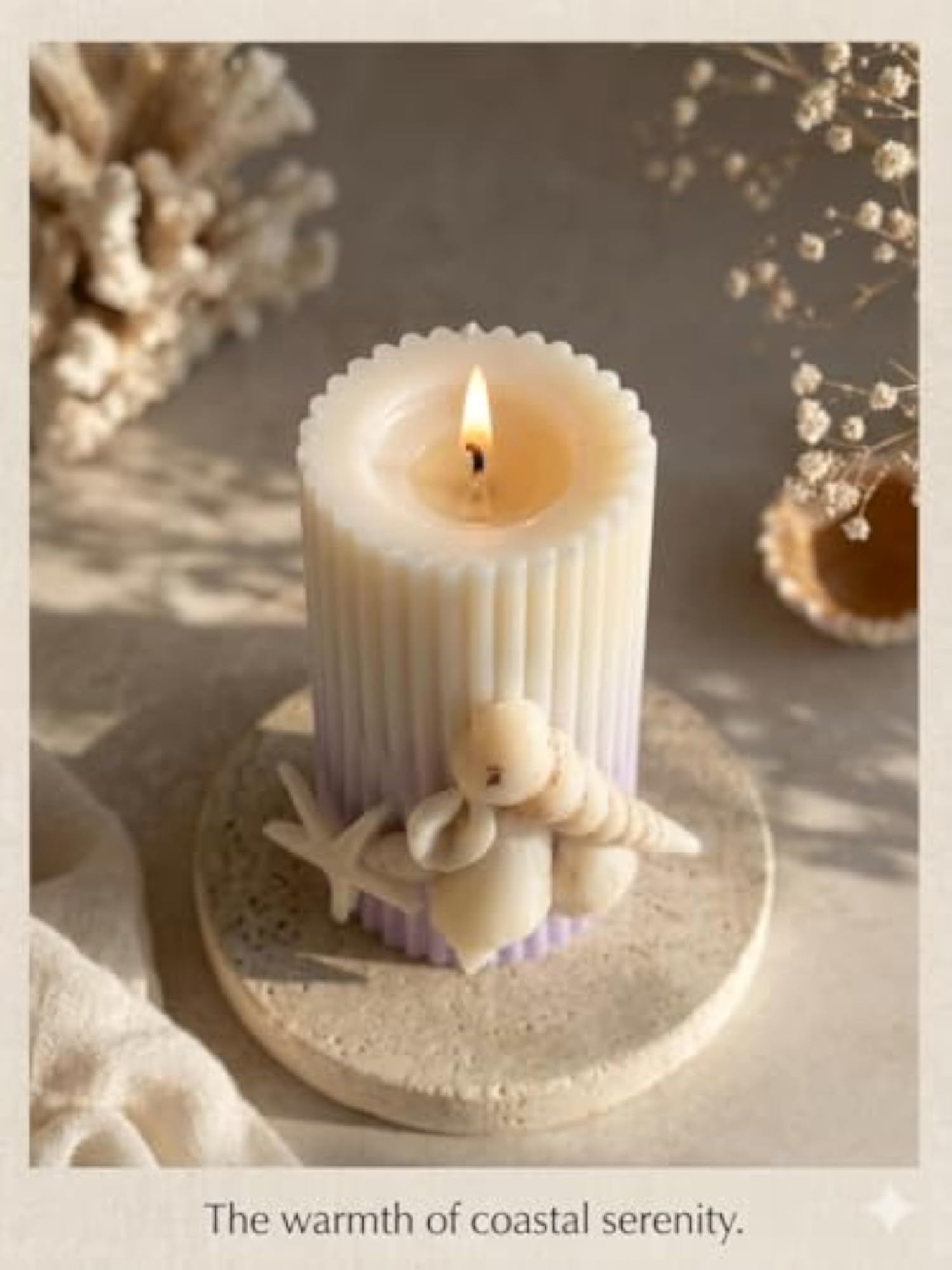 Handmade Ribbed Seashell Soy Wax Pillar Candle, Coastal Decor