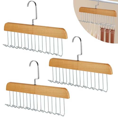 3 Pièces Cintre en pour Ceintures 28cm, Porte Ceinture avec 8 Crochets, 360° Pivotant Cintres en Bois pour Ceintures, Porte Cravate pour Cravates, Ceintures,...