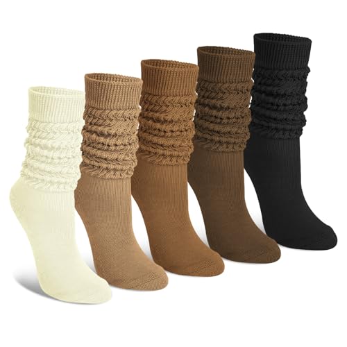 Justay 5 Pairs Slouchy Socks for Women - Knit Cotton Tube Cute Knee High Boot Long Scrunch Slouch Socks Gifts