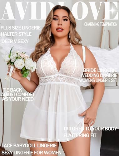 Image of Avidlove Women Plus Size Babydoll Lingerie Lace Chemise Mesh Sleepwear | Sexy Plus-sized Teddies V Neck Sheer Mesh Lace Babydoll Lingerie Dress Teddy Chemise Nighty Sleepwear L-5XL