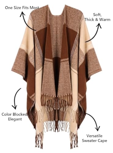 Image of Bestshe Women's Boho Open Front Poncho Plaid Shawl Wrap Cape