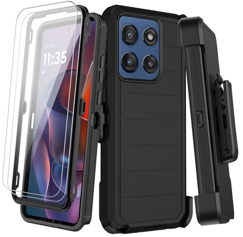 KECAI for Motorola Moto G Stylus 2025 Case with Belt Clip Holster,2X Screen Protector,Heavy Duty Shockproof Drop Protection Military Grade Rugged Full Body Phone Cover with Kickstand (Black)