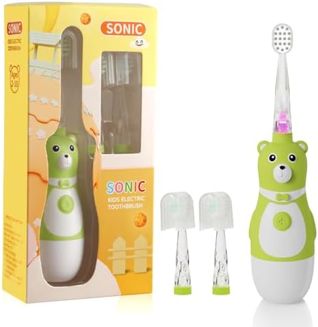 Kids Electric Toothbrush, Battery Operated Fun Bear Design Sonic Toothbrush for Toddler Ages 2-10, 2 Mins Timer, Soft Bristles, 2 Replacement Heads, 3 Brushing Modes for Teeth Cleaning