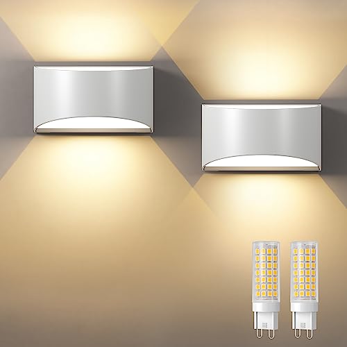 Tyreses 2 Pezzi Applique da Parete Interno/Esterno Lampadina G9 Sostituibile, Bianco Caldo 3000K, LED Lampada da Parete, Bianco Stile Moderno Applique per Bagno Soggiorno Camera da Letto Corridoio