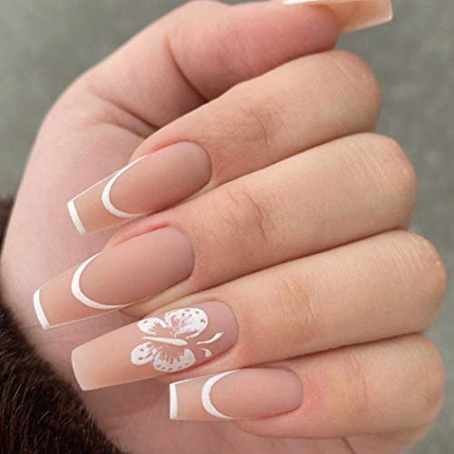 Outyua Matte Butterfly Extra Long Press on Nails Nude Coffin Fake Nails French Cute False Nails Nallerina Full Cover Acrylic Nails for Women and Girls 24Pcs