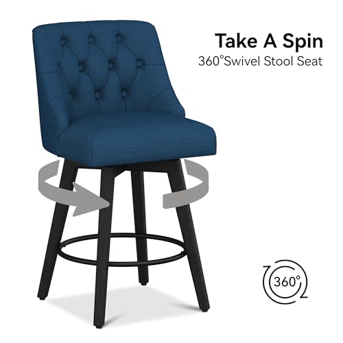Image of Swivel Counter Height Bar Stools with Back, 26 inch H Seat Height Upholstered Fabric Counter Stools for Kitchen Island, Set of 2, Fabric in Dark Blue