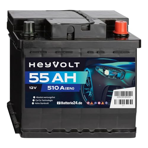HeyVolt Autobatterie 12V 55Ah 510A Hochleistungs-Blei-Säure-Batterie, Langlebig, Kompatibel mit PKW