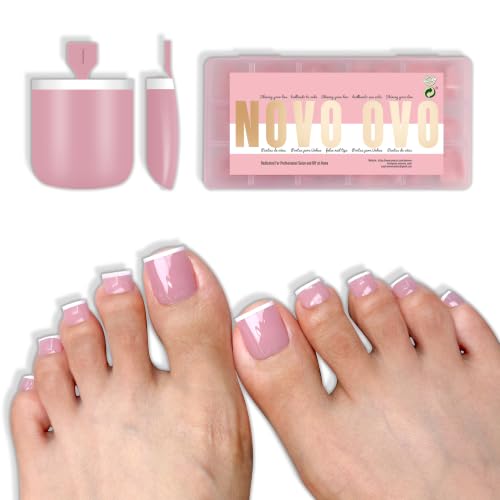 NOVO OVO Medium Sharp Square White Micro French Toe Nail Tips Press on Berry Pink, Need Builder Gel Top Coat, Soft Gel Fake Toenails Full Cover, for Pedicure DIY x15 Sizes 240 Pcs