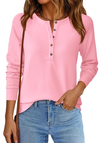 Image of PRETTYGARDEN Women's Long Sleeve Waffle Knit Henley Shirts