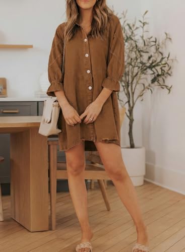 Image of Sidefeel Womens Smocked 3 4 Sleeve Button Down Denim Jeans Dresses