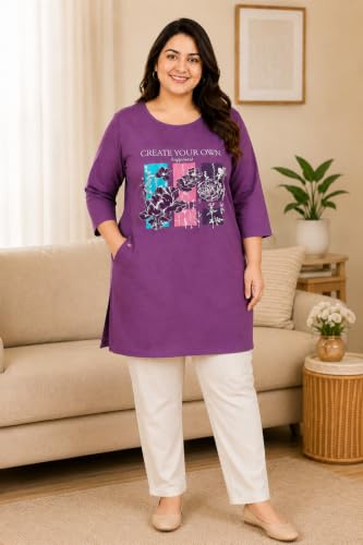 Image of RYSH Women's Plus Size Printed Nightshirt | Round Neck | 3 /4 Sleeve | Relaxed Fit Long Nightwear Top |