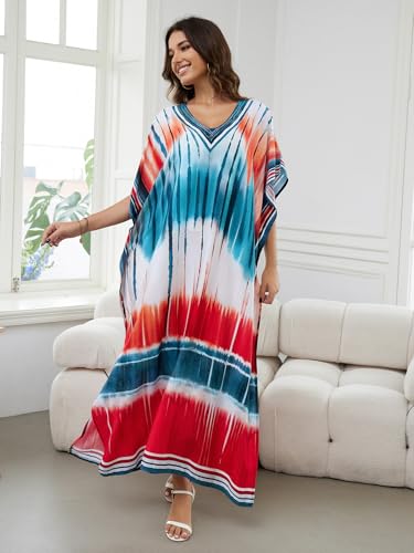 Image of IMAGEKOPE Women's Plus Size Loose Fit Moroccan Print V-Neck Batwing Kaftan Beach Dress Bathing Suit Cover Up