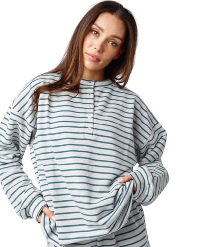 Image of Almere Oversized Cotton Henley Longsleeve Tee, Striped Button Down, Boyfriend Fit