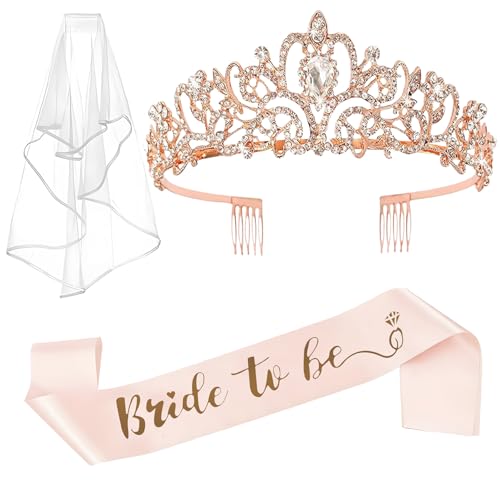 Bride despedida de solteira acessórios kit - véu noiva despedida bandas despedida solteira noiva faixa Bride To Be Sash para disfarce despedida de solteira com tiara, ouro rosa tiara de casamento