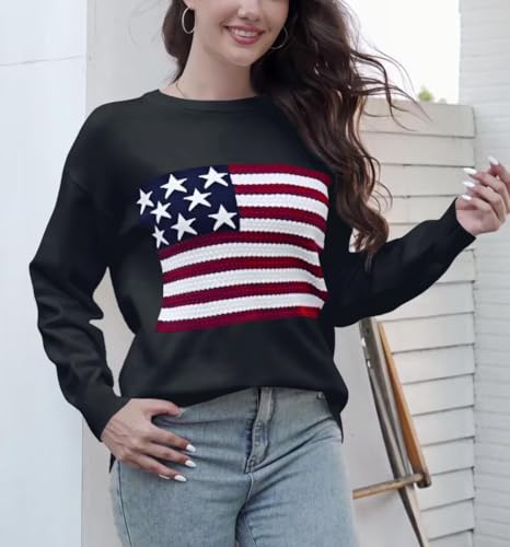 Image of Dressmine Womens American Flag Knit Sweater Crew Neck Long Sleeve Pullover | Casual Loose Graphic Outfits, Fall Sweatshirts, Trendy Clothes, Cute Patriotic Shirt, 2026 Cozy Elasticity Winter Tops