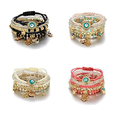 FUTIMELY 4 Pcs Bohemia Stackable Bracelets Multilayer Evil Eye Hamsa Hand Bracelets Boho Stretch Strand Bracelet Multicolor Crystal Charm Bracelet Lucky Protection Bangles for Women, Acrylic, beaded Cover