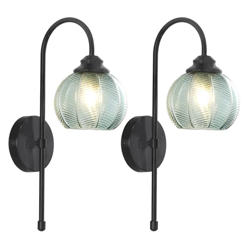 Image of KCO Lighting Mid Century Modern Wall Sconce Matte Black Vintage Bathroom Light Fixture Green Glass Globe Wall Light Hallway Indoor Sconces Wall Lighting Set of 2