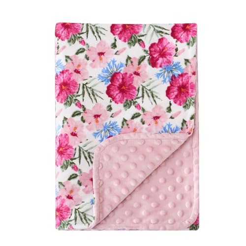 Image of DaysU Silky Micro Soft Plush Baby Blankets for Girls with Print Pattern and Soothing Raised Dots, Double Layer Bed Throws for Baby Crib, Flower, Pink, 30x40 Inches