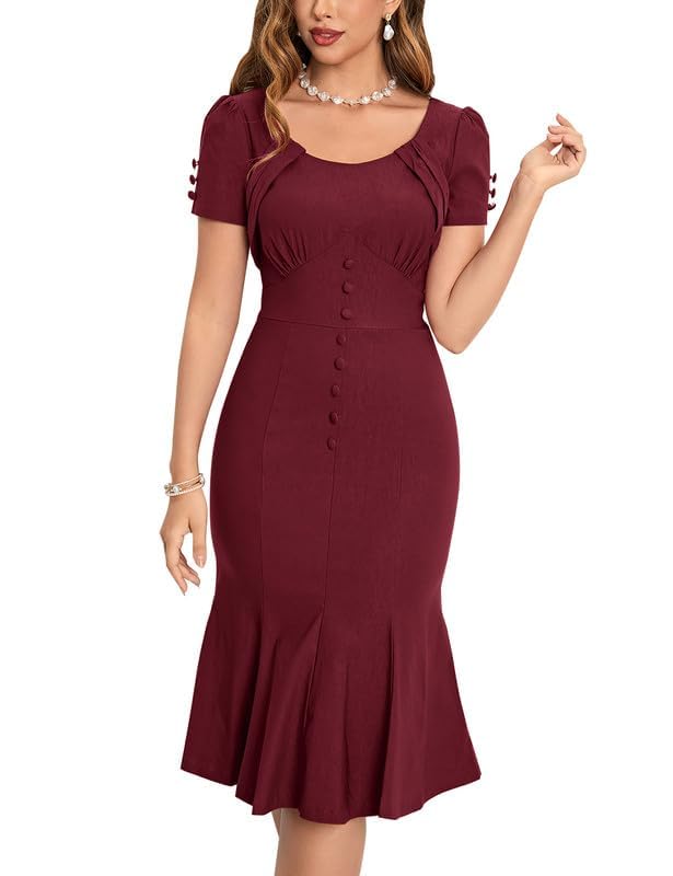 MUXXN Womens 1950s Retro Dress Vintage Short Sleeve Button Down Mermaid Bodycon Midi Casual Work Cocktail Dresses