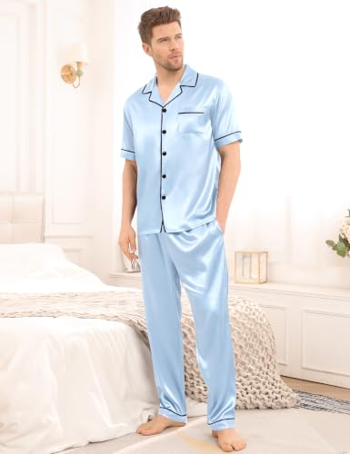 Image of SWOMOG Mens Satin Pajama Set Short Sleeve Classic Sleepwear Button Down Silky Loungewear with Long Pants