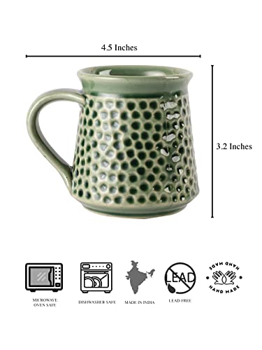 Image of miah decor Handmade Ceramic Mug Set of 2 | 330ml Coffee Mugs | Textured Tea Cups Set | Glossy Green Coffee Cups & Mugs | Handmade Ceramic Coffee Mug Set for Tea & Coffee