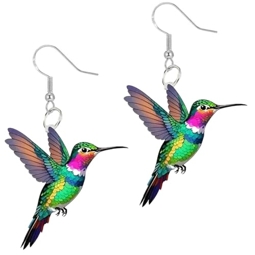 Hummingbird Earrings for Women 925 Sterling Silver Hypoallergenic Dangle Colorful Cute Bird 2D Novelty Drop Acrylic Gold Plated Animal Dangling Lightweight Valentines Trendy Jewelry