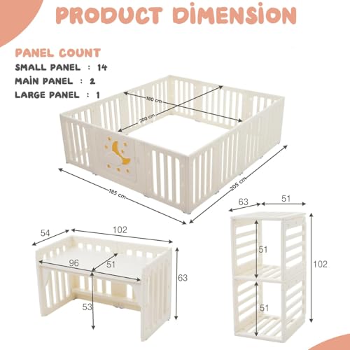 Image of Playpen for Babies upto 5 year Baby Play Area Indoor Setup Foldable Play Yard Fence for Toddlers Kids Playarea Setup Outdoor Children Play Area with Gate, Balls, Basketball Stand, mat, drawing board sketch (Beige, 14 Panel)