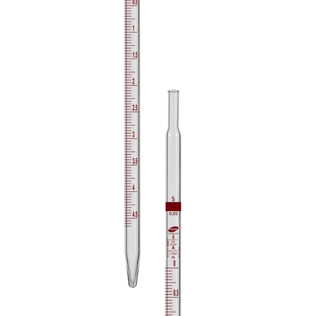 Omsona Glassware Graduated Pipette, Serological Type, Class ‘A’ | Capacity 5 ML | Graduation Interval 0.5ml | Pack of 10 |
