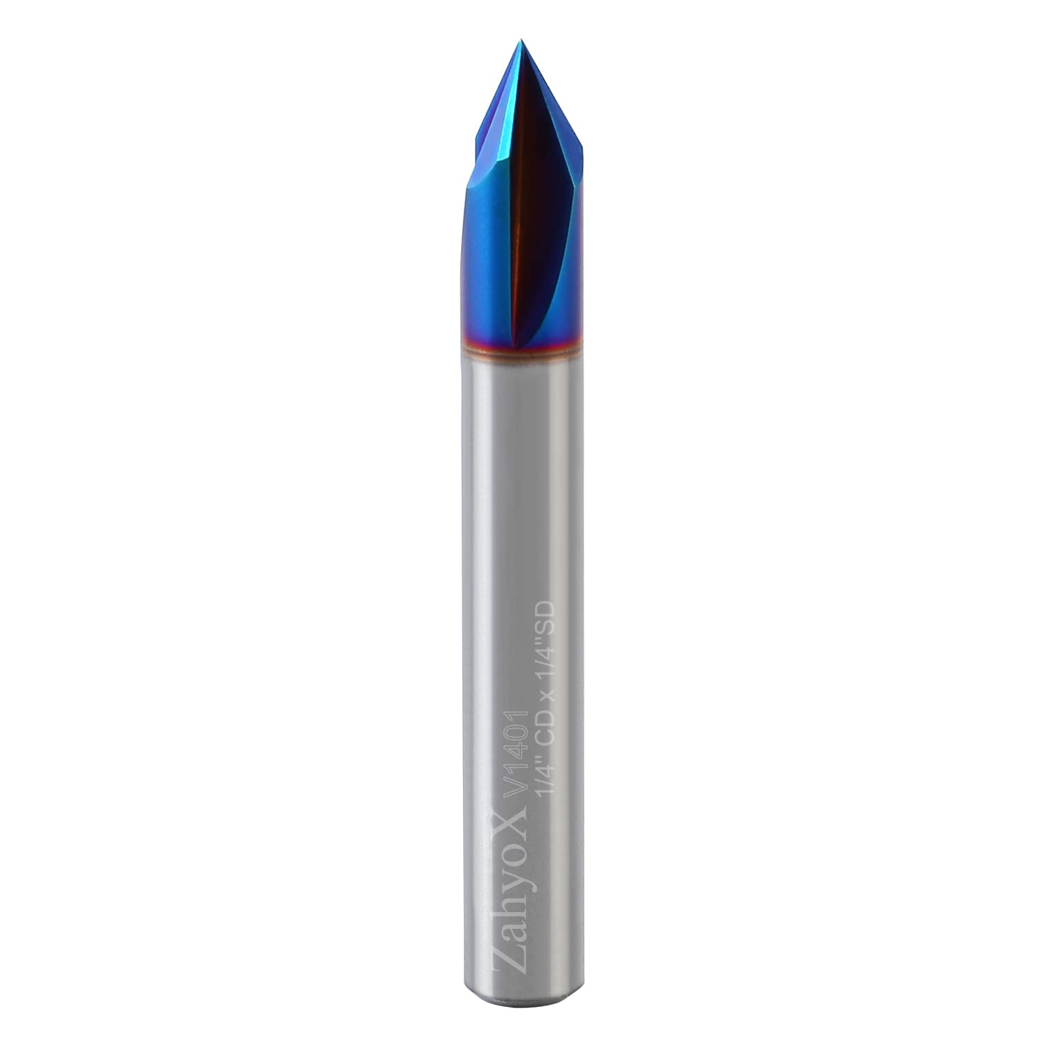 ZahyoX 60 Degree V-Groove CNC Bit, NACO Coated Solid Carbide Router Bit, 1/4" Cutting Dia, 1/4" Shank, 7/32" Cutting Length, 2" Overall Length, 3 Flutes, CNC Router Bits, CNC End Mill
