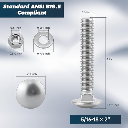 Image of 5 /16-18 x 2 Inch Carriage Bolt Kit, 304 Stainless Steel (18-8) with Hex Nuts & Flat Washers - 16 Sets, Round Head Square Neck, Full Thread Coverage by Glvaner