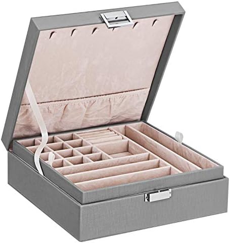 BEWISHOME Jewelry Box for Women 35 Compartments Jewelry Organizer - 6 Necklace Hooks, 2 Layers - Jewelry Boxes Display Storage Case Jewelry Holder for Girls Grey SSH71H