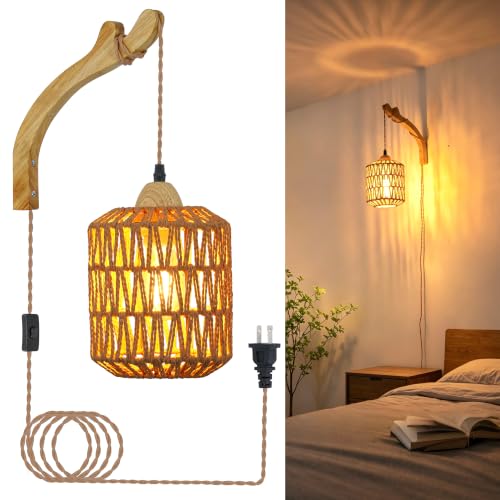 Frideko Rattan Wall Lamp with Plug in Cord Hand Woven Plug in Wall Sconces Paper Rope...