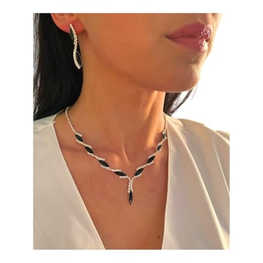 ONDEGO® 2er Set Y Strass Schmuck Damen – Schwarz-Silber Halskette mit Ohrringen – Verstellbare Kette 31–44 cm, elegantes Collier Schmuckset für Hochzeit, Abiball, Kommunion & festliche Anlässe