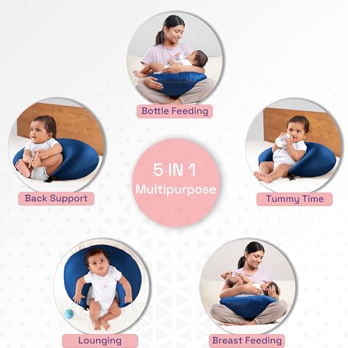 Image of Wakefit Nursing Pillow for Breastfeeding & Baby Care | 5 in 1 Feeding Pillow with Removable Cover | Super Soft & Machine Washable Velvet Cover | Dark Blue