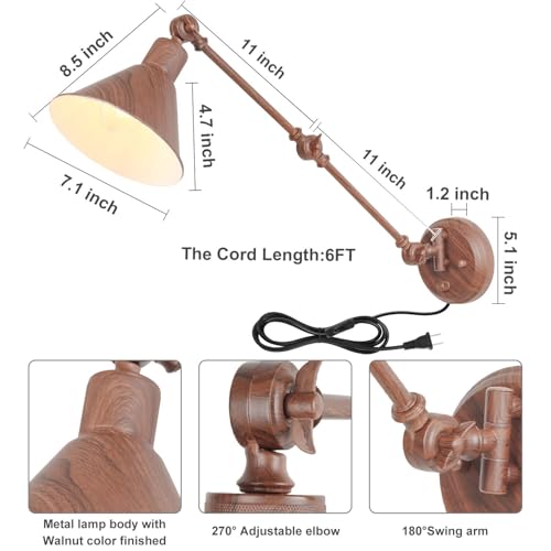 Image of TRLIFE Wall Sconce Plug in, Dimmable Wall Sconce with Switch Swing Arm Wall Lights Plug in Wall Mounted Light Wall Sconces Lighting with 6FT Plug in Cord, E26 Base(1 Pack, Walnut Color)