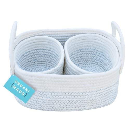 OrganiHaus Blue Basket for Toys - Cotton Rope Baskets for Storage - White Basket for Shelves - Round Towel Baskets - Cute Storage Bins - Boho Storage Bins - Set of 3 Small Woven Baskets for Storage