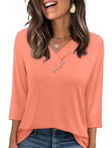 Sampeel Women's V Neck 3/4 Length Sleeve Button Down Shirt