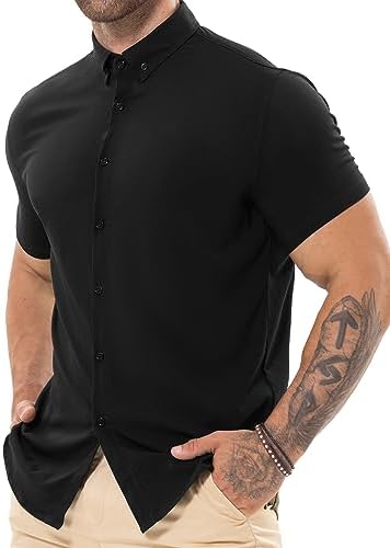 Askdeer Men’s Casual Button Down Shirt Muscle Fit Dress T Shirts Short Sleeve Stretch Beach Shirts