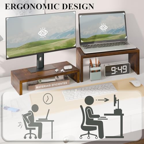 TEAMIX 2 Pack Monitor Stand Riser Rustic Brown,Wood 2 Tier Adjustable Monitor Stand Dual Monitor Riser for 2 Monitors/Laptop/PC Computer Stand Desktop Space Saver… - Thumbnail 6