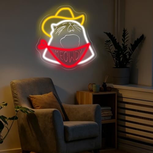 Image of Cowboy Cat Neon Sign Meowdy Cat Led Light Kids Room Decor | USB Powered Dimmable Home Wall Decor Room Decoration 13 inchx12.2 inch