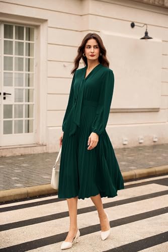 GRACE KARIN Womens 2025 Fall Long Sleeve Dress Casual V Neck Pleated A Line Flowy Midi Dresses3