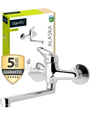 aquaSu® Küchenarmatur Alaska, Wasserhahn Küche, Spültischarmatur zur Aufputz-Wandmontage, langer Auslauf schwenkbar, Einhebelmischer für Spüle mit Messingkern und Wasserspar-Mischdüse, chrom