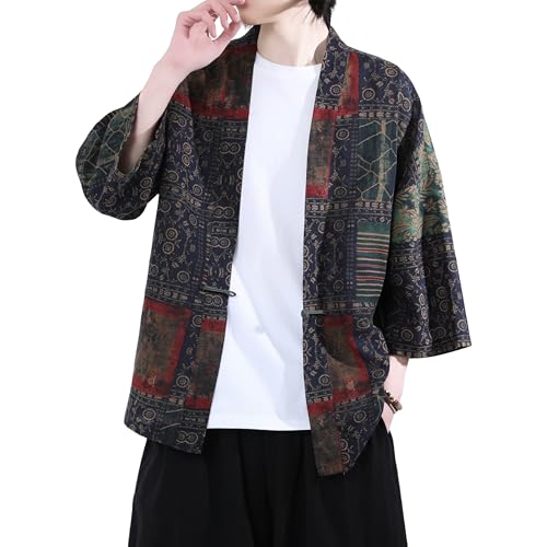 PRIJOUHE Men's Cotton Linen Kimono Jacket Lightweight Open Front Kimono Cardigan Japanese 3/4 Sleeve Yukata Coat3