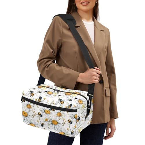 Image of Drnuikhe Knitting Bag for Yarn Storage Durable Crochet Storage Bag Daisy Bee Print Travel Knitting Bag Large Capacity Yarn Storage Organizer Bags for Unfinished Project