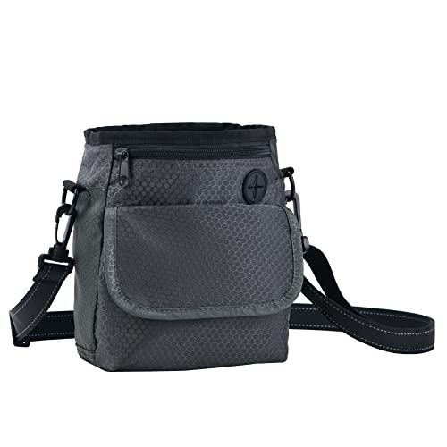 HANWELL Futterbeutel für Hunde Leckerlies, Hundeleckerlitasche mit Poop Spender-Verstellbarer Taillen/Schulterriemen, Mehrfachtaschen für Tragende Hunde Kibble und Spielzeug (Grey, Fußballmuster)